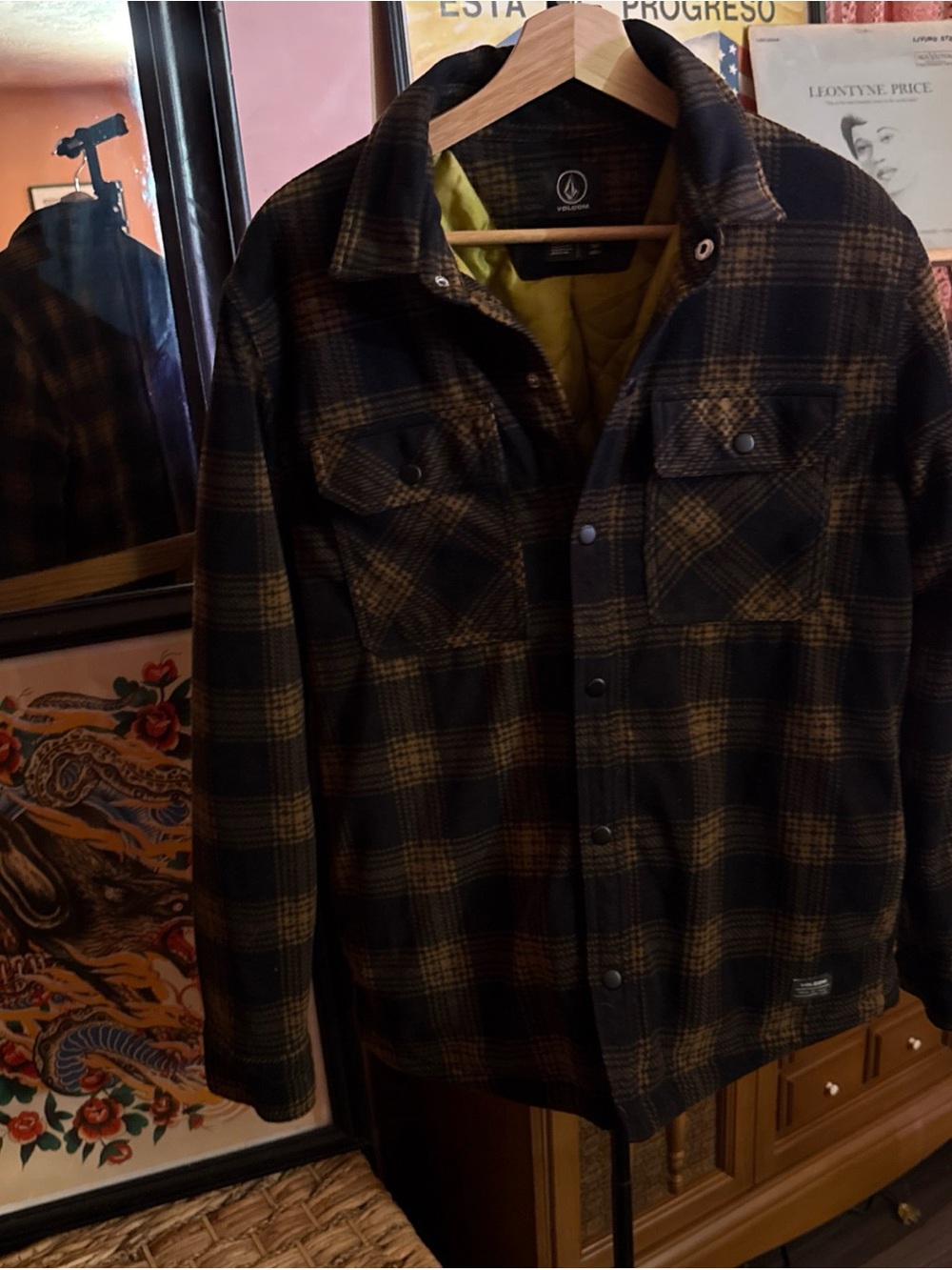 Volcom Bower Polar Fleece Jacket Mens S Small Brown Black Plaid Insulated